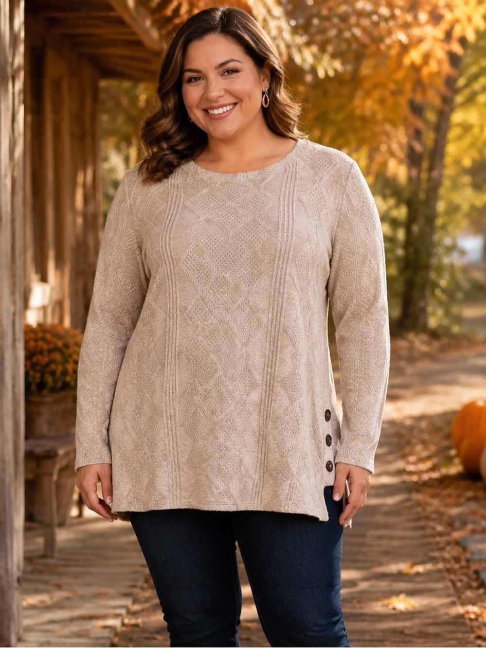 Cozy Cable Knit Tunic Sweater - Taupe
